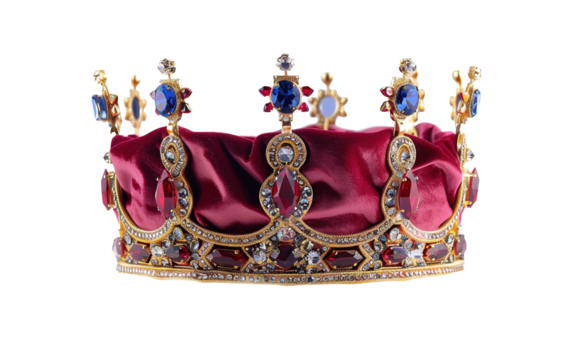 A crown with sapphire and red velvet on white background,png