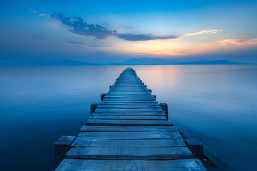 A serene image of a wooden pier stretching out into calm blue waters, with the warm glow of the setting sun on the horizon. - Powered by Adobe