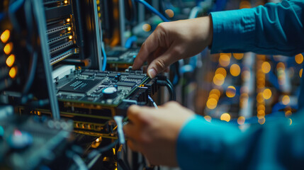 Data center. Setting Up a Modern Data Center Dedicated to AI: A Detailed Look at the Installation of High-Performance Computing Systems and Networking Equipment. Image made using Generative AI