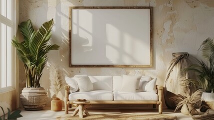 3d render, frame mockup on wall beige background with rustic decor. generative AI image