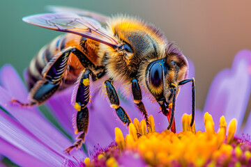 A bee collects pollen on a lilac flower, close-up