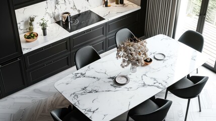 Kitchen interior with marble dining table and floral decoration. generative AI image