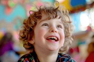 Close up of elementary student looking at camera while laughing at classroom with blurring background. Portrait of joyful children with casual cloth smiling to camera while studying at school. AIG42.