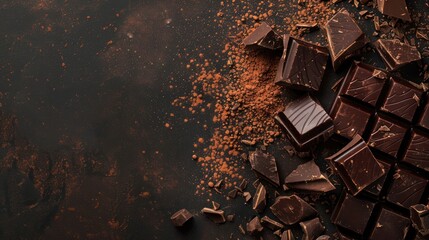 Portrait of pieces dark chocolate on dark background, copy space. generative AI image