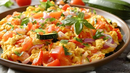 Vibrant veggie scramble with red peppers onions and zucchini for a nutritious breakfast. Concept Nutritious Breakfast, Veggie Scramble, Vibrant Colors