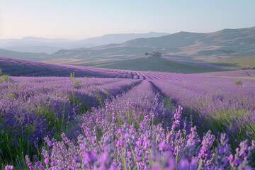 A serene landscape with rolling hills covered in lavender fields, the purple blooms creating a soothing and fragrant vista, captured in HD clarity.