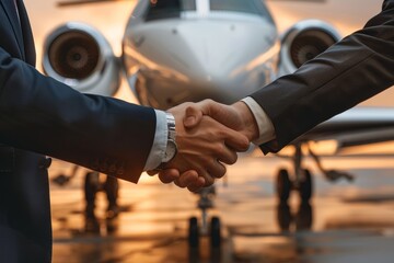 jet private background , close up photo of handshake between two business people