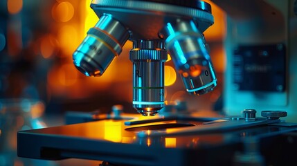 Sophisticated scientific microscope with vibrant blue and orange illumination focusing on cellular structures in a lab environment