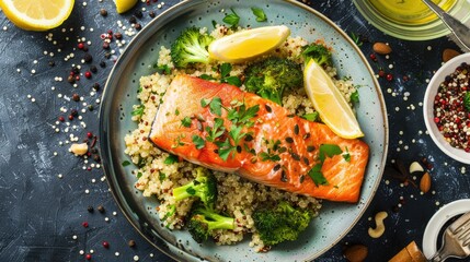 Baked salmon with quinoa and broccoli in plate on a gray background, healthy eating, flat lay