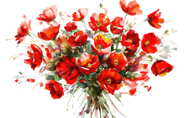 A painting of a bouquet of red flowers on white background,png