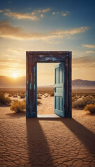 Illustration of an open door amidst the desert landscape, representing the concept of exploration and startup ventures.