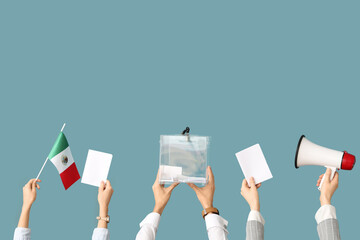Hands holding ballot box, flag of Mexico, megaphone and voting papers on blue background. Election...