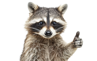 A raccoon giving a thumbs up on white background,png
