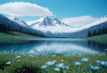 Idyllic Mountain Lake Landscape with Vibrant Blue Flowers in the Foreground