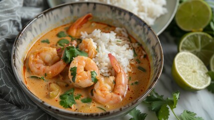 A bowl of tangy and spicy tom yum goong soup served with a side of fluffy jasmine rice, a staple of...