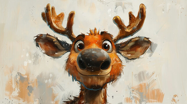 funny portrait in comic painting style of a moose or deer with antlers