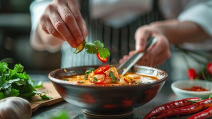 A chef garnishing a bowl of tom yum goong soup with fresh cilantro leaves and sliced red chili peppers, adding visual appeal and extra flavor.