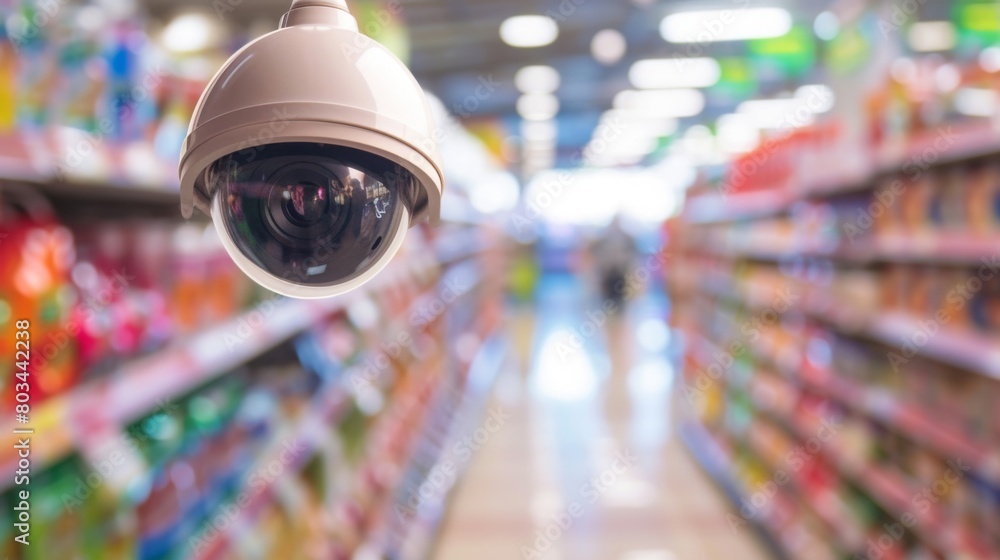 Aufkleber A close-up of a dome-shaped security camera installed on the ceiling of a store, discreetly monitoring customer activity below.