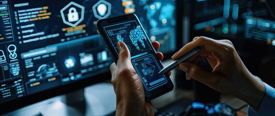 An image of the latest technology, which reminds the viewer of the current achievements. In the foreground is the phone, and in the background are circuits.