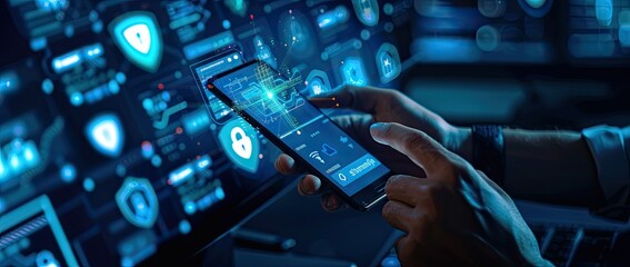 An image of the latest technology, which reminds the viewer of the current achievements. In the foreground is the phone, and in the background are circuits.