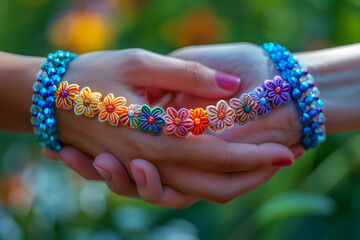 Clasped hands adorned with vibrant flower bracelets symbolize a blooming friendship on Friendship Day, set against a floral backdrop
