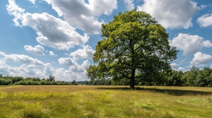 Obraz premium Lonely green oak tree in forest meadow