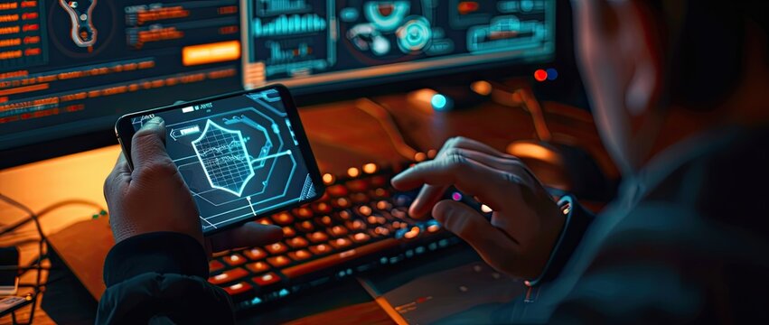 An image of the latest technology, which reminds the viewer of the current achievements. In the foreground is the phone, and in the background are circuits.