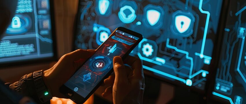 An image of the latest technology, which reminds the viewer of the current achievements. In the foreground is the phone, and in the background are circuits.