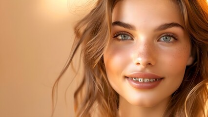 Orthodontic Services Advertisement Showcasing Girl's Braces Transformation. Concept Orthodontic Services, Braces Transformation, Before and After, Girl's Smile, Dental Health