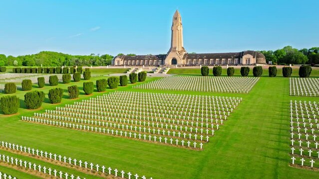 Aerial view of Douaumont Ossuary in France. French military cemetery. Battle of Verdun. Tomb of unknown French and German soldiers. Crosses on the graves at Ossuary, Verdun France.