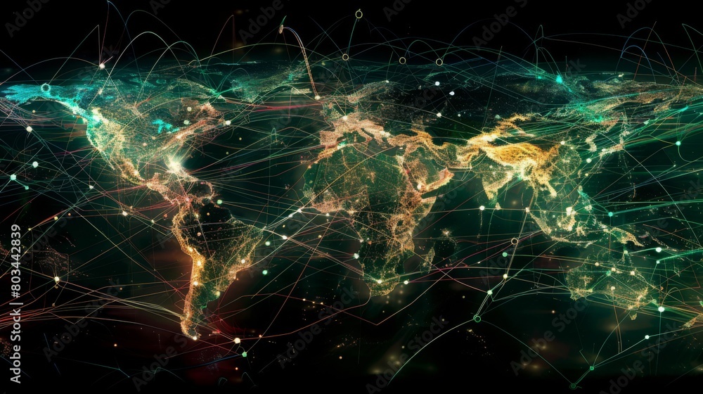 Aufkleber A digital world map with lines of communication connecting continents, illustrating seamless global connectivity without borders.