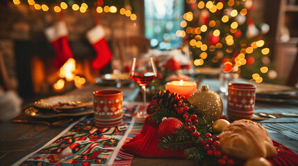 A festive holiday celebration with a beautifully decorated Christmas tree, stockings hung by the fireplace, and a table set with a delicious holiday feast. Loved ones gather together