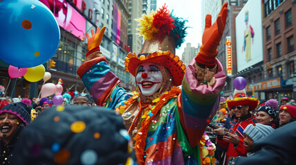 A festive street parade with marching bands, colorful floats, and performers entertaining cheering crowds. People line the streets to watch the procession and join in the revelry with dancing.