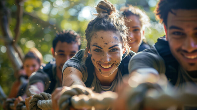 A group of coworkers engaged in a team-building activity, such as a ropes course challenge. The image demonstrates the importance of trust within a team environment, showcasing collaboration.