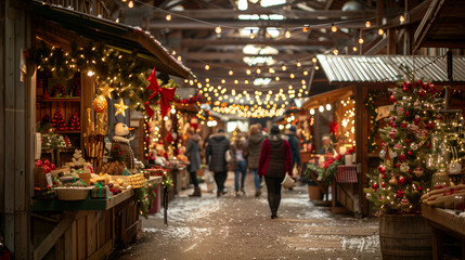 A holiday market with twinkling lights, festive decorations, and stalls selling handmade crafts and seasonal treats. Shoppers stroll through the aisles, sipping hot cocoa.