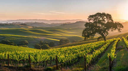 Fototapeta premium Beautiful panoramic sunset landscape overlooking vineyards and green hills