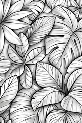 Black and White Drawing of Tropical Leaves