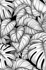 Monochrome Drawing of Tropical Leaves