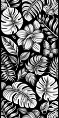 Intricate Black and White Drawing of Tropical Leaves