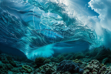 A striking underwater shot of a powerful wave crashing against a rocky reef, with the turbulent...