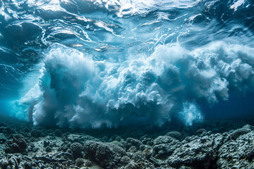 A striking underwater shot of a powerful wave crashing against a rocky reef, with the turbulent blue water creating an impressive display of force.