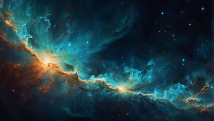 Iridescent turquoise space cosmic background of supernova nebula and stars, painting the universe with hues of serenity.