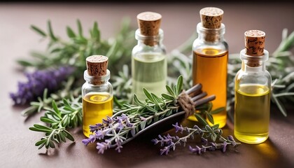 essential oil bottles herbal natural organic plant medicine medicals ingredient kitchen leaf thyme treatment wellness spice spa rosemary sage created with generative ai