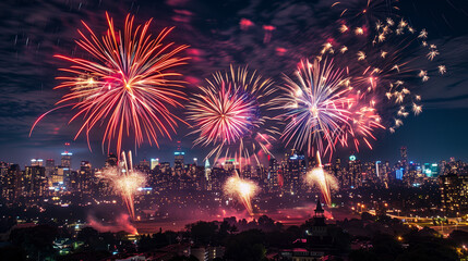 Obraz premium A patriotic Independence Day celebration, with fireworks lighting up the night sky, parades marching down city streets, and families gathering for barbecues and picnics.