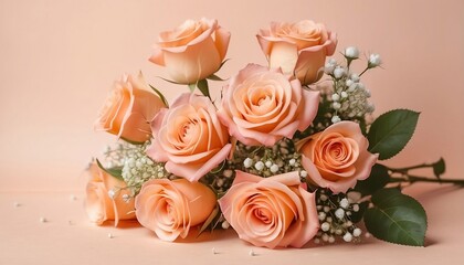 Bouquet of roses and gypsophila on peach fuzz paper table texture background Mother's Day, spring, valentine's day wedding birthday or other celebration holiday concept created with generative ai