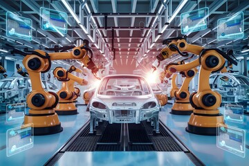 High tech car factory with robotic arms welding car frames and holographic displays