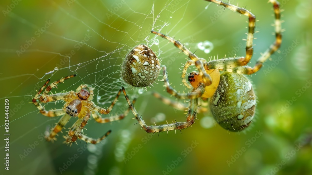 Poster A macro shot of a garden spider capturing prey in its sticky web, demonstrating the efficiency of its hunting strategy in the natural world.