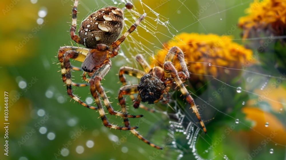Poster A macro shot of a garden spider capturing prey in its sticky web, demonstrating the efficiency of its hunting strategy in the natural world.