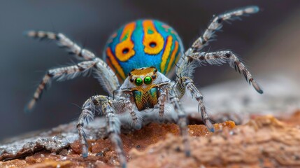 A macro photograph of a colorful peacock spider displaying its vibrant courtship dance, captivating potential mates with its colorful abdomen.