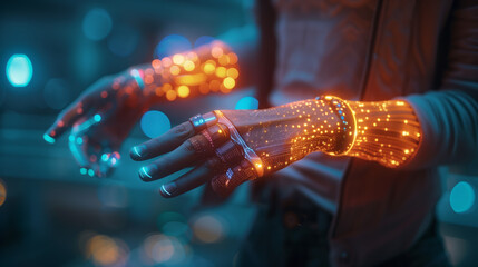 A person wearing futuristic wearable health monitoring devices that seamlessly track vital signs, activity levels, and other health metrics in real-time.